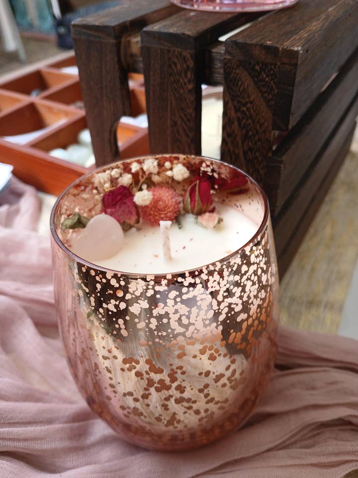 Divine Feminine Energy Intention Candles with Rose Quartz for wholesale by moon and mantras