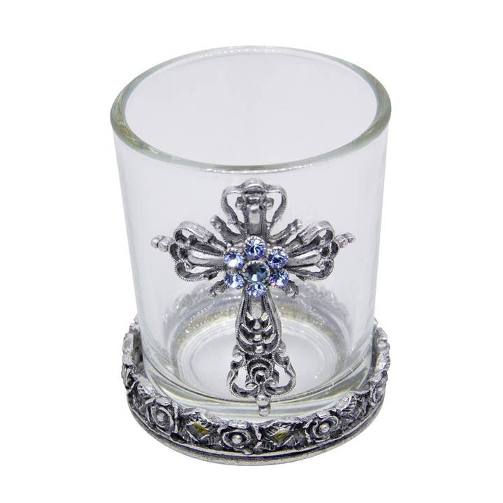 Symbolen van Geloof Licht Saffierblauwe Kristallen Kruis Glazen Kandelaar Met Theelicht LED voor wholesale door 1928 Jewelry