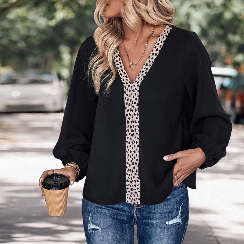 BLACK V-NECK LONG-SLEEVED VINTAGE LEOPARD PRINT SHIRT for wholesale on Faire1