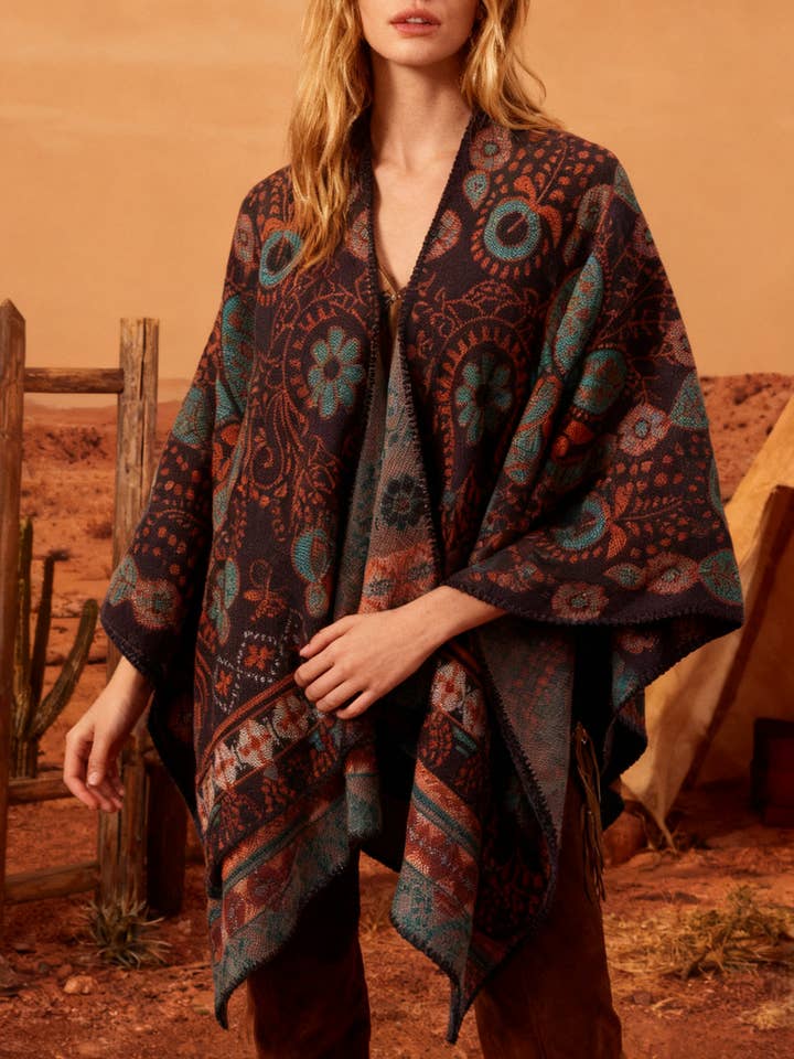 Retro Cashew Flower Jacquard Shawl Cape for wholesale by Rosa Clothing