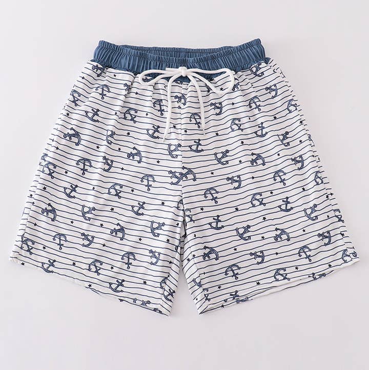 Blue stripe anchor print dad swim trunks for wholesale by Aspen Rain Boutique