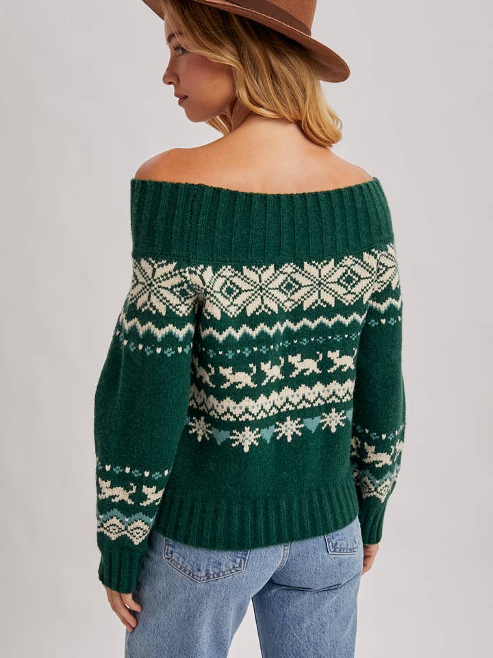 Bluivy - Wholesale Knit Sweater - Women's - FAIR ISLE OFF SHOULDER KNIT SWEATER - HOLIDAY17