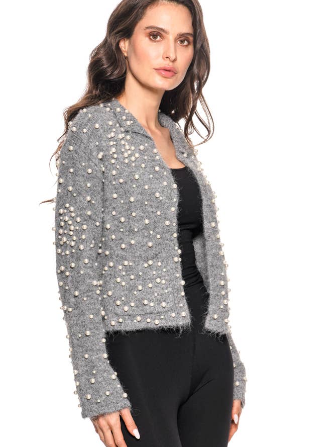 L-34245B – Pärlprydd Jacka i Luddigt Stickat (Grå) för wholesale av Adore