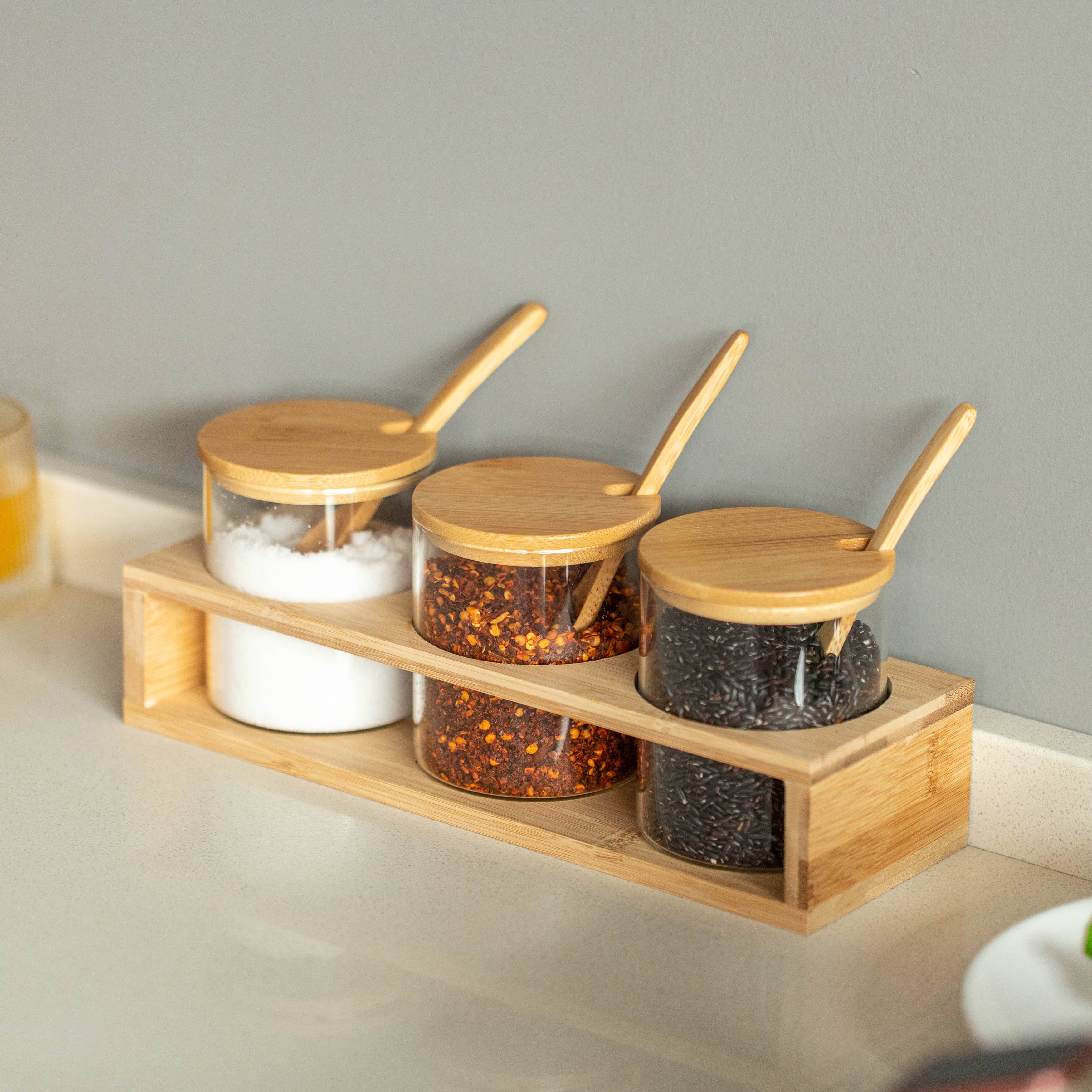 Quickway Imports - Wholesale Kitchen storage/organiser - Basicwise 3-Piece Glass Containers with Bamboo Lids and Tray8