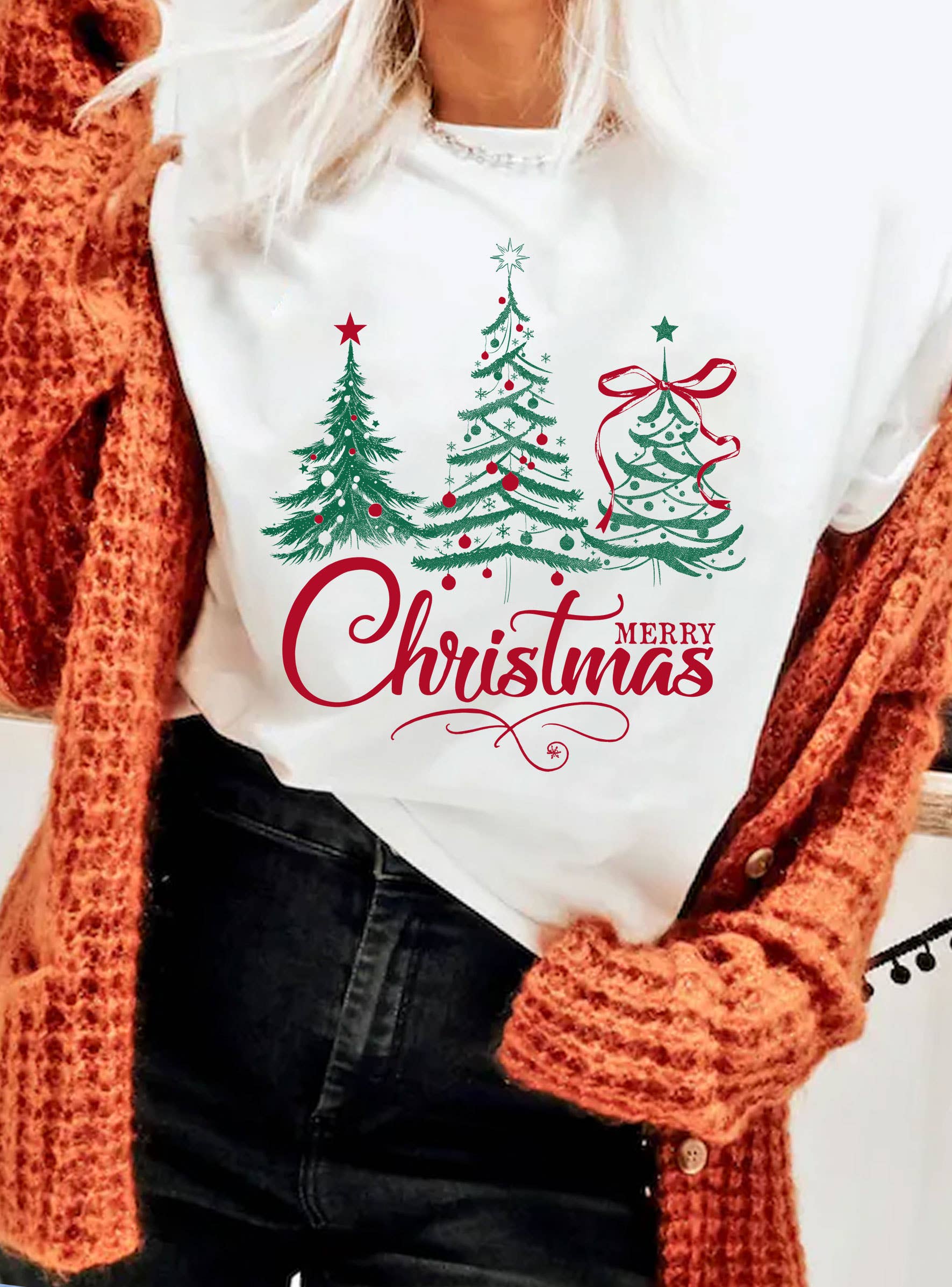 Rustee Clothing – Großhandel T-Shirt mit Siebdruck – Unisex – T-SHIRTS MIT FRÖHLICHER WEIHNACHTSBAUM-LICHTGRAFIK0