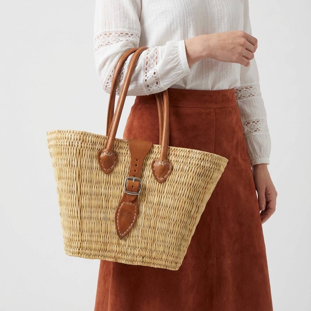 Melecraft - Wholesale Basket - Woven Reed Market Basket Leather Strap - Natural Boho Tote12