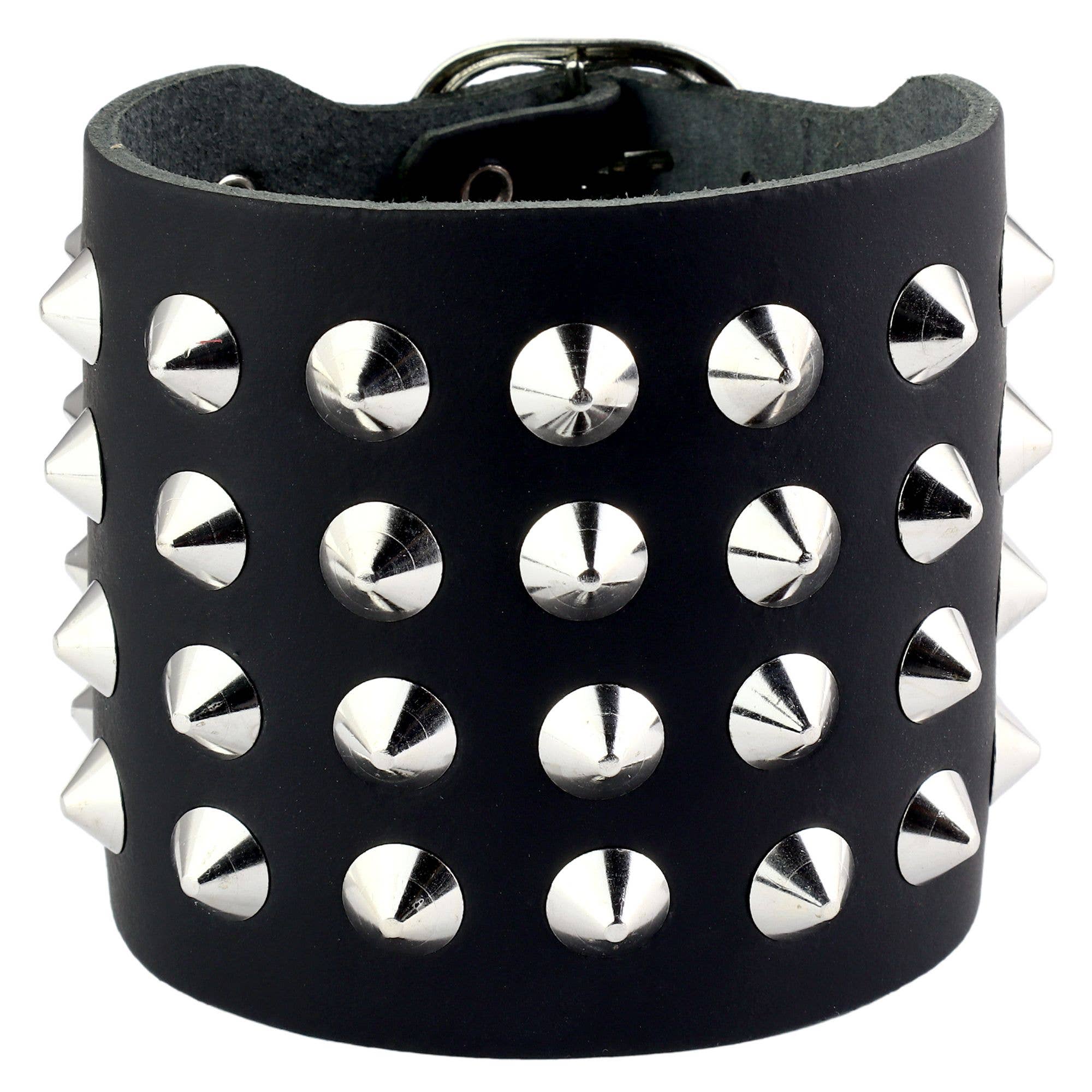 Tribal Trade GmbH - Vente Bracelet - Bracelet en cuir à clous pointus cuir noir bracelet à clous 4 rangs0