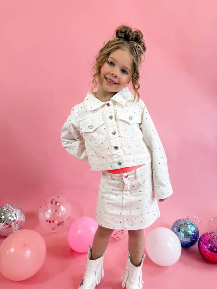 Ellie and Mila - Vente Ensemble haut et jupe – enfant - Ensemble Gemmes en Denim Blanc - Veste et Jupe tendance1