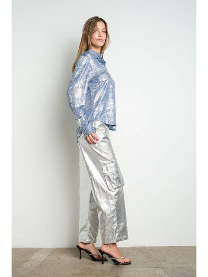 KIWI - Wholesale Button Down Shirt - Women's - IT3238 Metallic Foil Knit Button Up Long Sleeve Shirt15