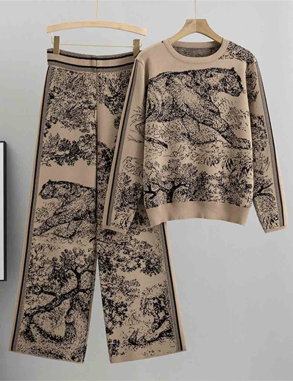 Sweetkama - Wholesale Lounge Set - Women's - Ladies Color Block Tiger Pattern Knit Sweater & Pants 2PCS Set4