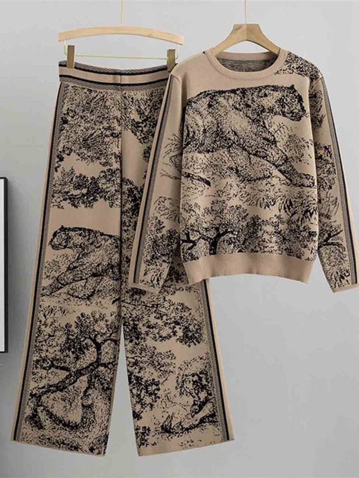 Sweetkama - Wholesale Lounge Set - Women's - Ladies Color Block Tiger Pattern Knit Sweater & Pants 2PCS Set4