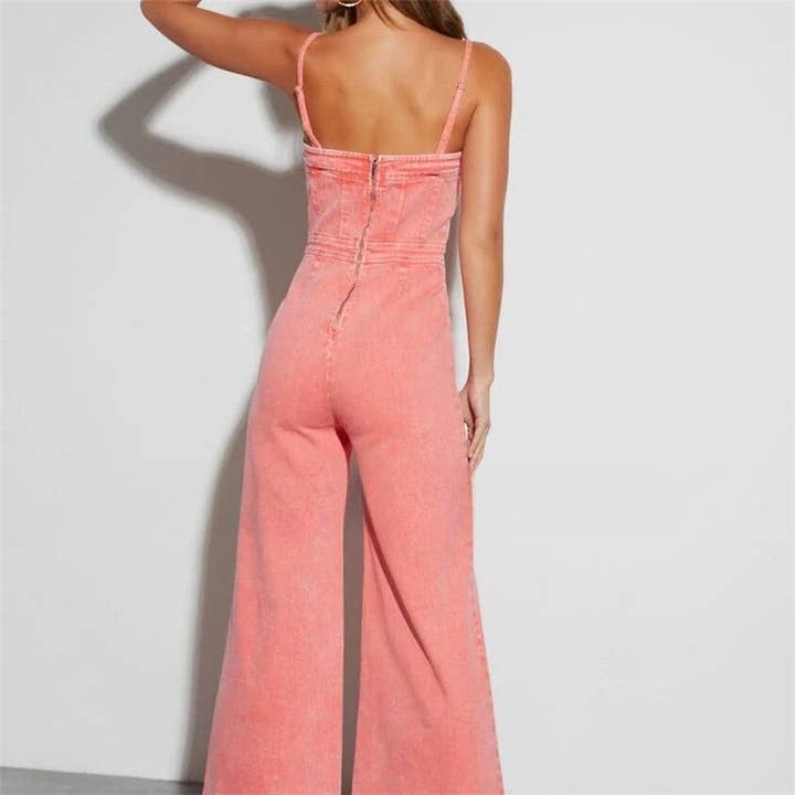 FurDecoration - Wholesale Jumpsuit - Women's - Solid Color Denim Slim Fit High Elastic Flared Jumpsuit