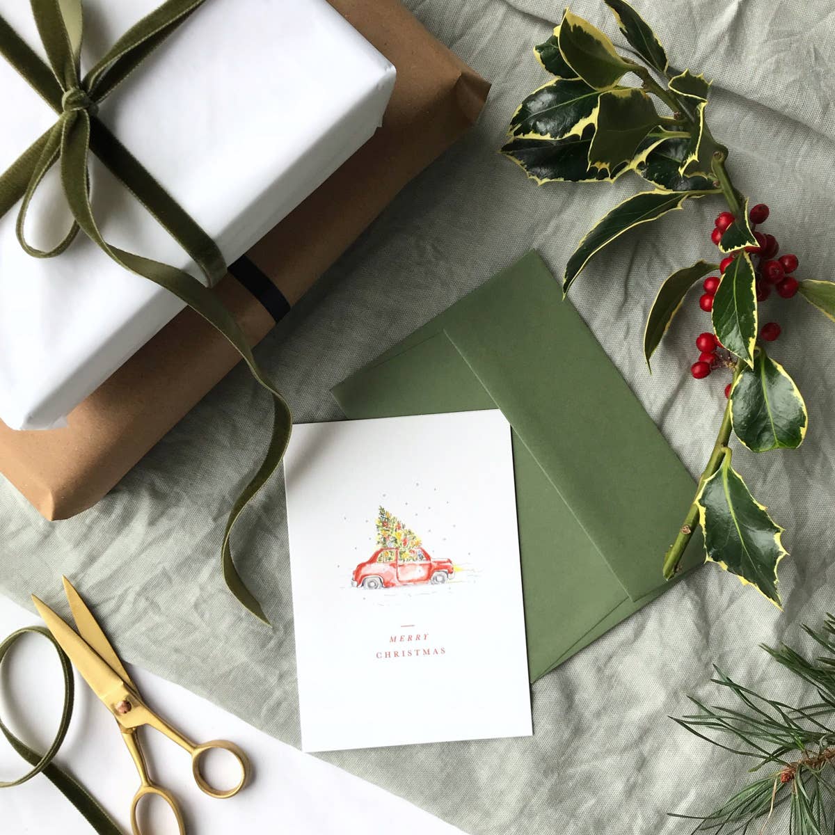 Annie Brougham Paper Goods. - Wholesale Christmas Card - Car and Tree Traditional Vintage Style Christmas Card2