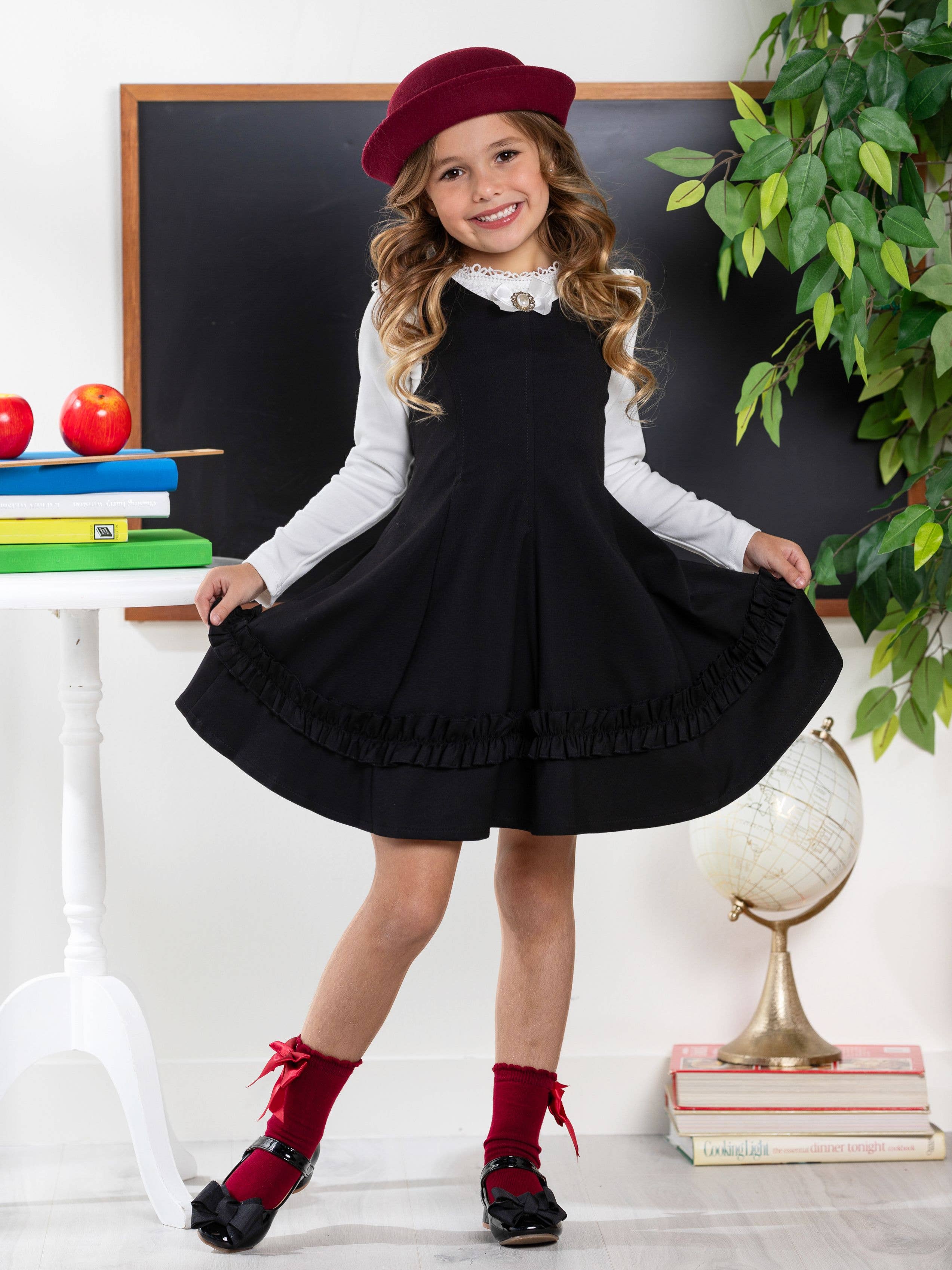 Black  Classic Elegance Ruffle Jumper Dress By Kids Couture for wholesale on Faire2