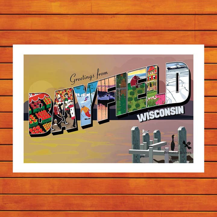 Greetings from Bayfield Retro Travel Poster Prints for wholesale by Bemused Creative