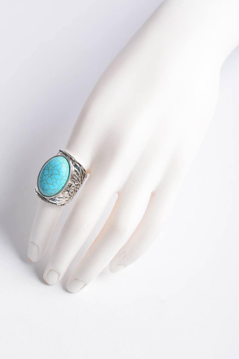 Leto Accessories - Wholesale Cocktail/gelegenheidsring - Ronde turquoise stenen bloemen gegraveerde zilveren ring5