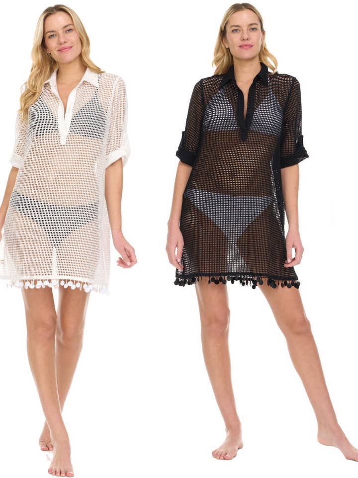 Square Mesh Placket Shirt Cover Up w/3/4 Roll Up Sleeve for wholesale by Aruba Blue