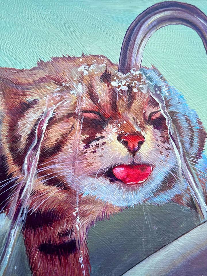 Art Print: Thirsty Kitty Funny Sink Water Cat Decor for wholesale by mohrdoesart