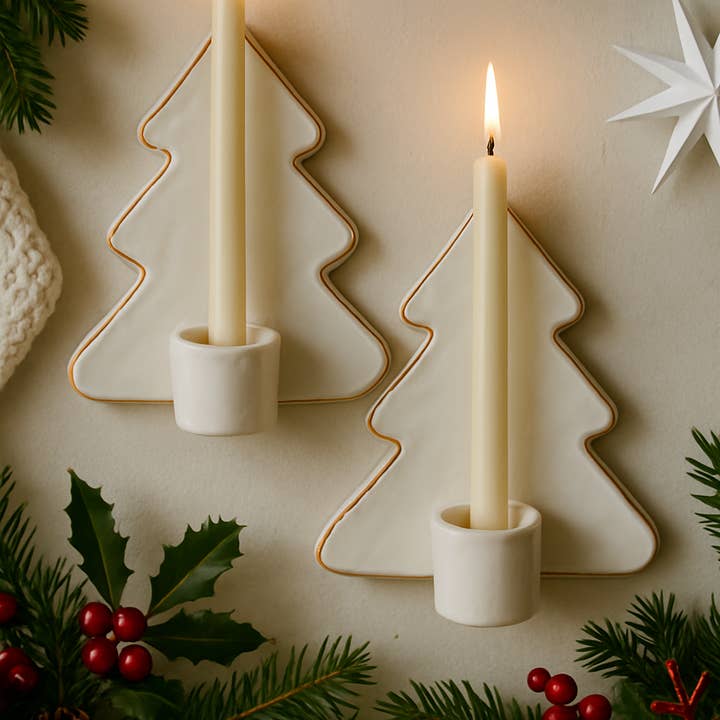 Aplique de Parede Árvore com Borda Dourada Feito à Mão, Suporte para Vela de Cerâmica por atacado de Design by Pouneh