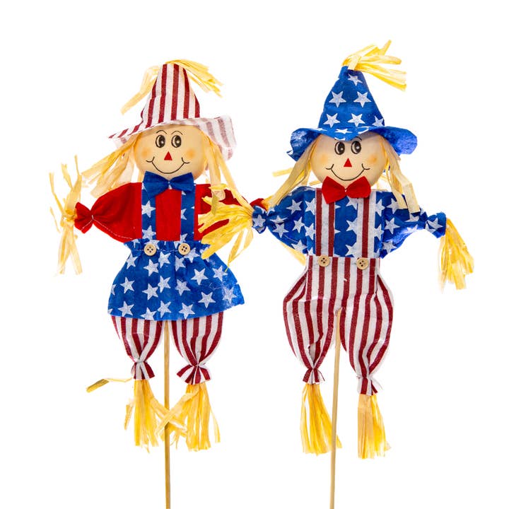 Assorted Patriotic USA Scarecrows on Pole - 25"H for wholesale by Jacobson