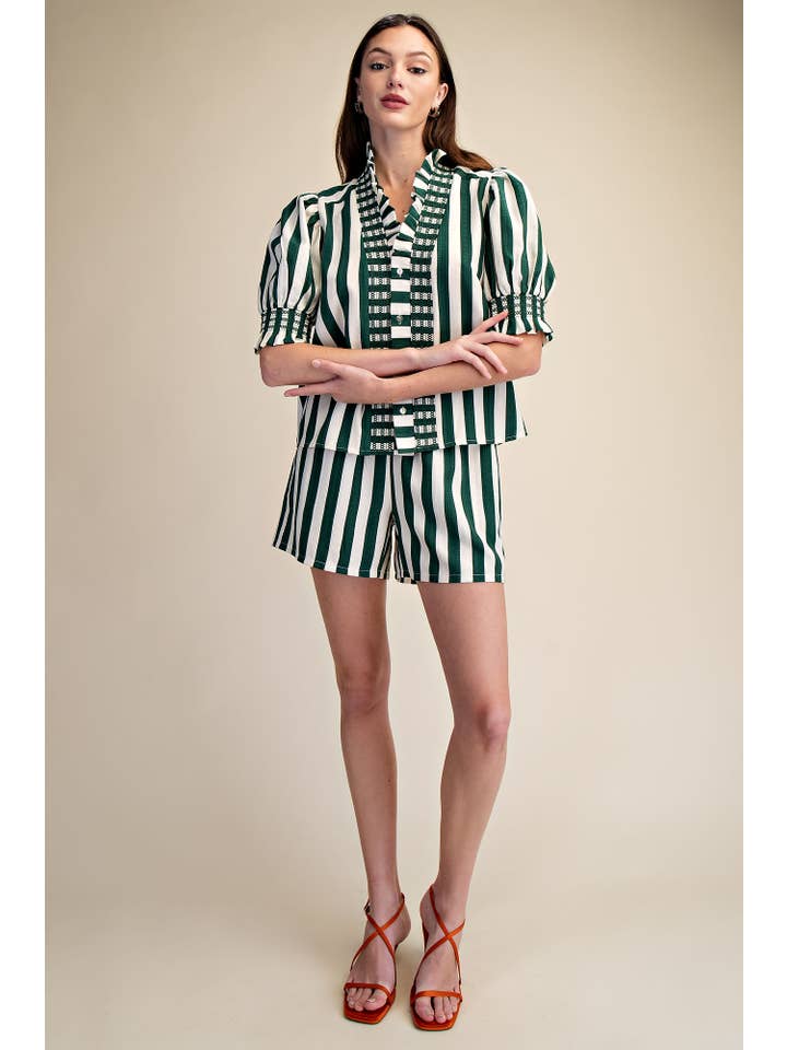 Glam - Wholesale Blouse - Women's - Ruffle V-Neck Smocked Puff Sleeve Blouse11