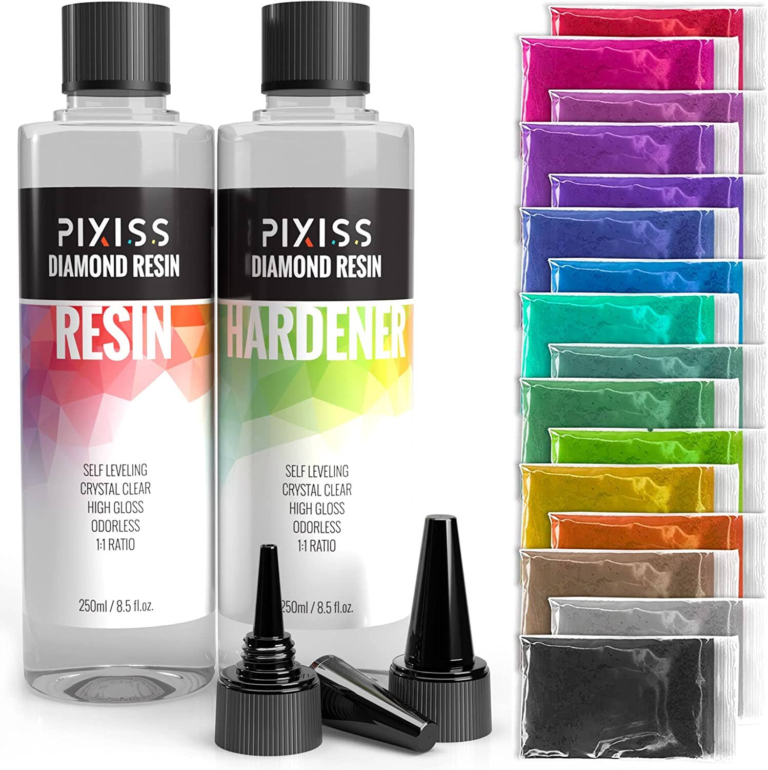 Pixiss - Vendita all'ingrosso Attrezzature per lavoretti e fai da te - Pixiss Diamond Resin e pigmenti mica, resina epossidica trasparente 500 ml con 15 polveri colorate mica0