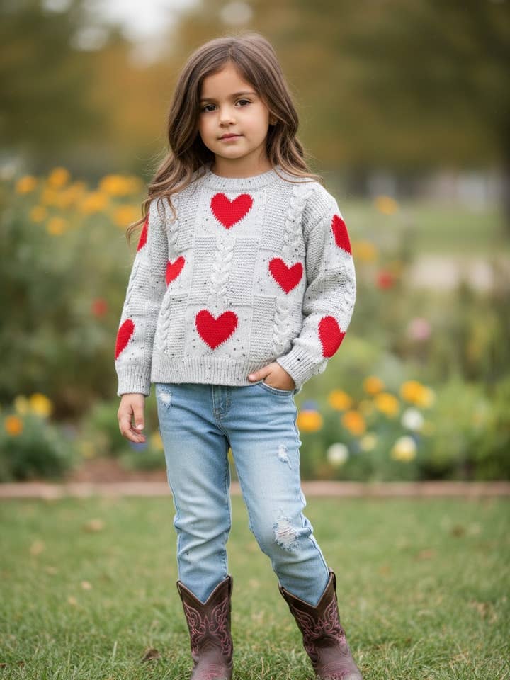 Heart printed knit sweater with pressed pearls. TPG51684 SOL for wholesale by Kids Charm Online