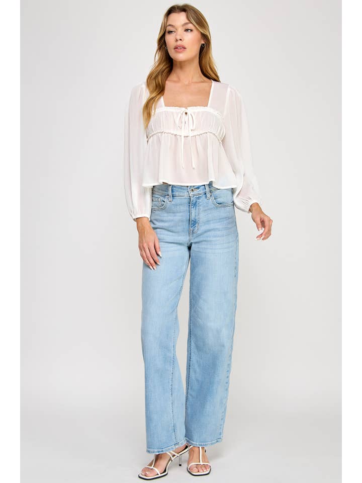 Vestis M - Vente Chemisier – femme - Haut à manches bouffantes transparentes en chiffon à encolure carrée - Noir14