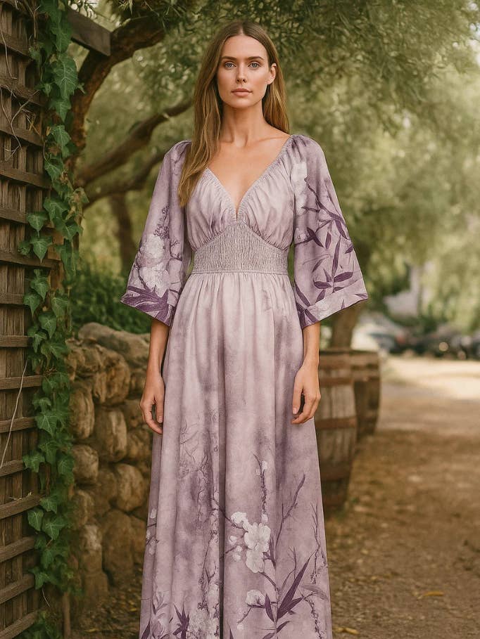 R8412 Floral Satin Maxi Dress for wholesale by Rokoko by Dazz