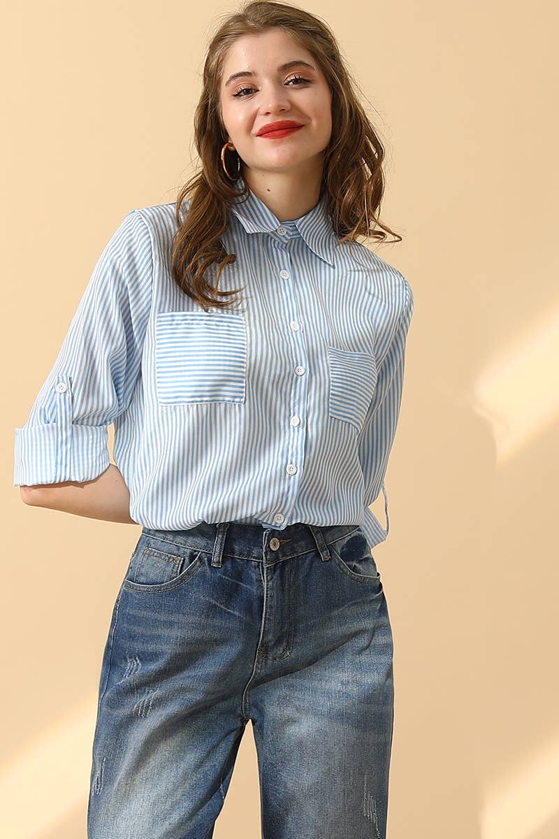 NINEXIS - Wholesale Button Down Shirt - Women's - CWTSTL716_Striped Button Down Long Sleeve Collared Shirts10
