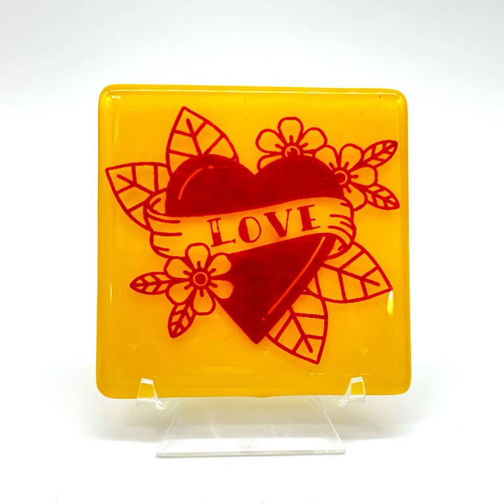 LOVE Tattoo Fused Glass 4" Single Coaster for wholesale by Kiku Handmade | Contemporary Fused Glass Home Goods