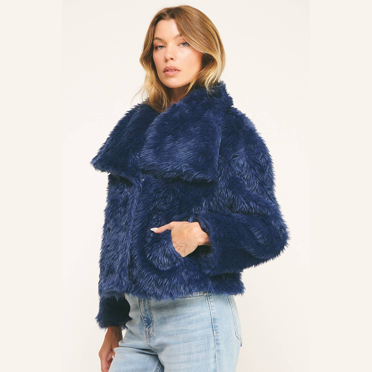 LUXE NAVY FAUX FUR CROPPED JACKET for wholesale on Faire3