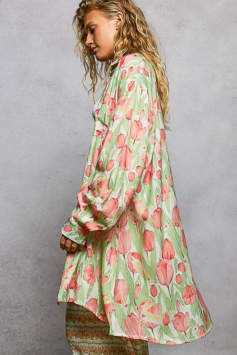 Pol Clothing - Wholesale Button Down Shirt - Women's - Boho Floral Print Long Sleeve Oversized Woven Shirt Top2