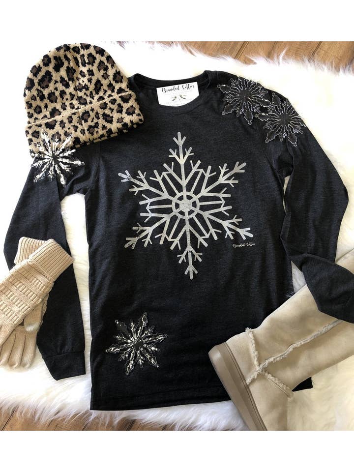 Branded Cotton - Wholesale Screen Printed T-Shirt - Women's - Glitter Snowflake
