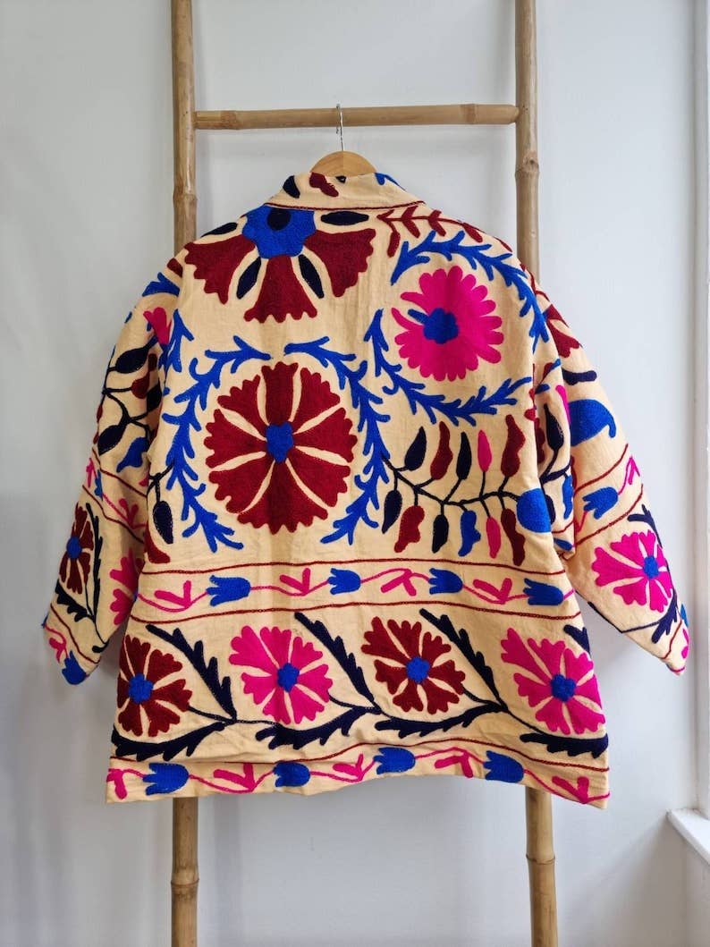 Essential Designs London – wholesale Jacket – Women's – Suzani Hand Embroidered Short Jacket | Autumn Boho Uzbek Kashmir Crewel | Christmas Special Gift | Classic Beige Pink Teal Turquoise |5