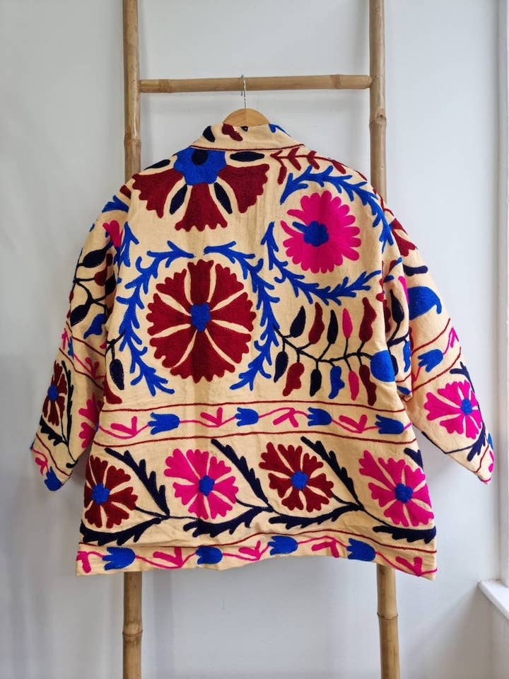 Essential Designs London – wholesale Jacket – Women's – Suzani Hand Embroidered Short Jacket | Autumn Boho Uzbek Kashmir Crewel | Christmas Special Gift | Classic Beige Pink Teal Turquoise |5