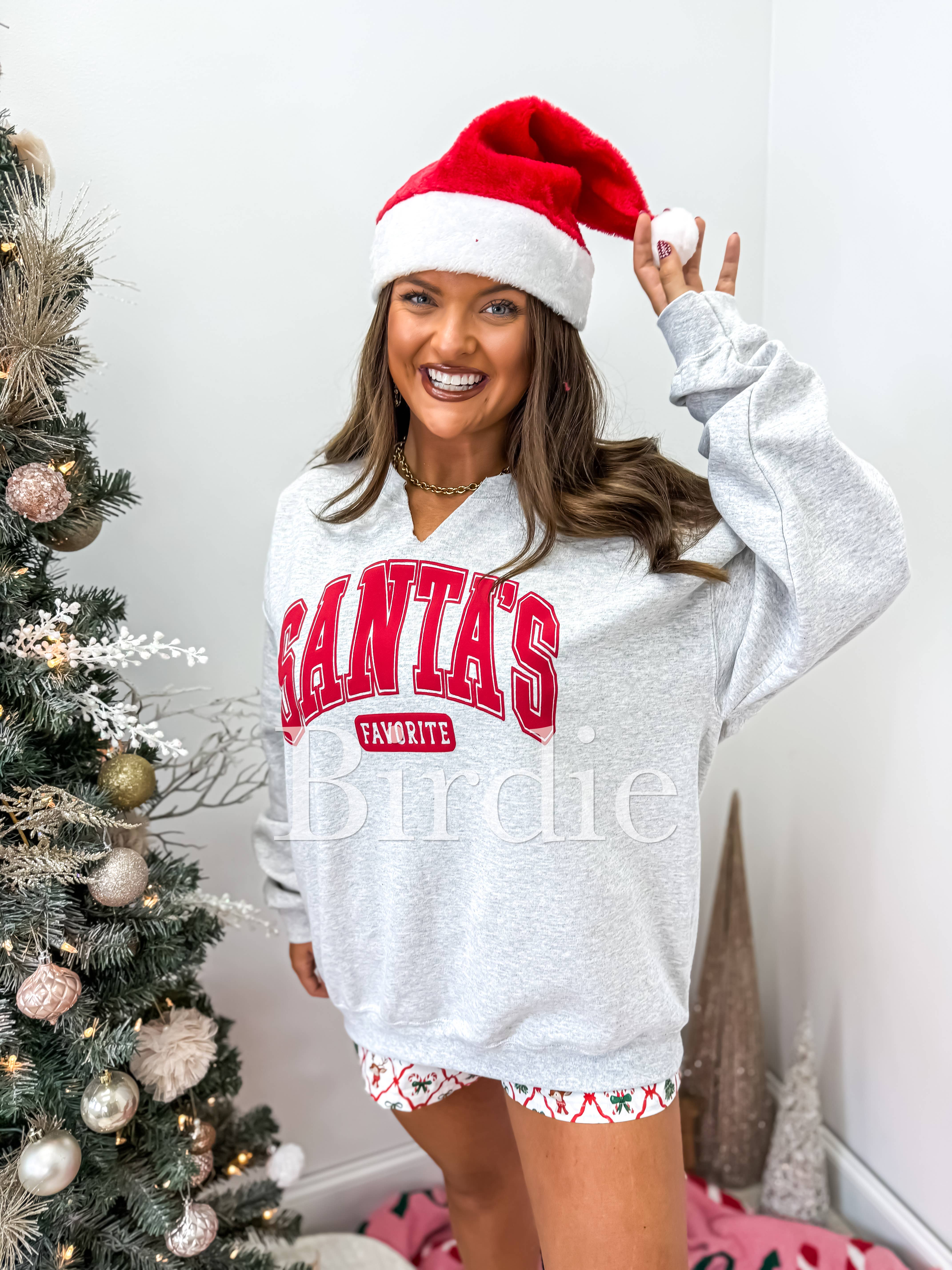 birdie - Wholesale Sweatshirt - Women's - Santa's Favorite Graphic Split Neck Crewneck on Ash Gray2