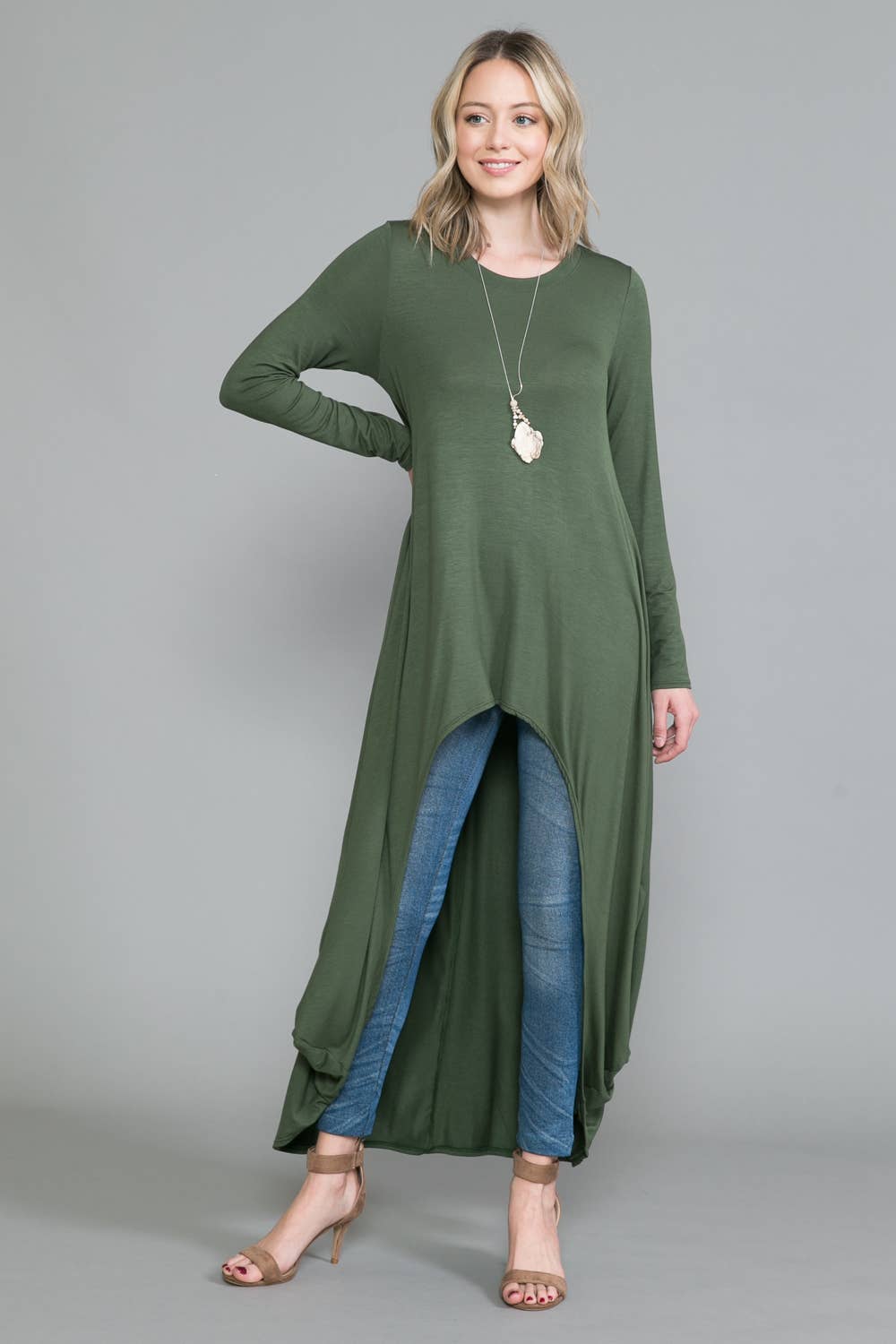 OLIVE Long Sleeve High-Low Tunic OPEN PACK for wholesale on Faire