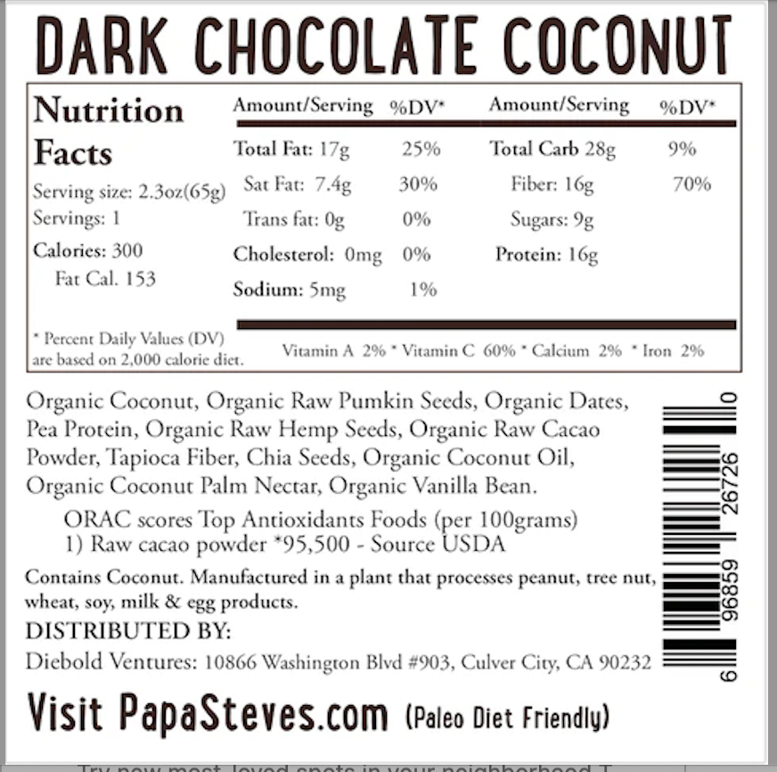 Papa Steve's No Junk Raw Protein Bars – Snack Bar por atacado – Coco de chocolate amargo1