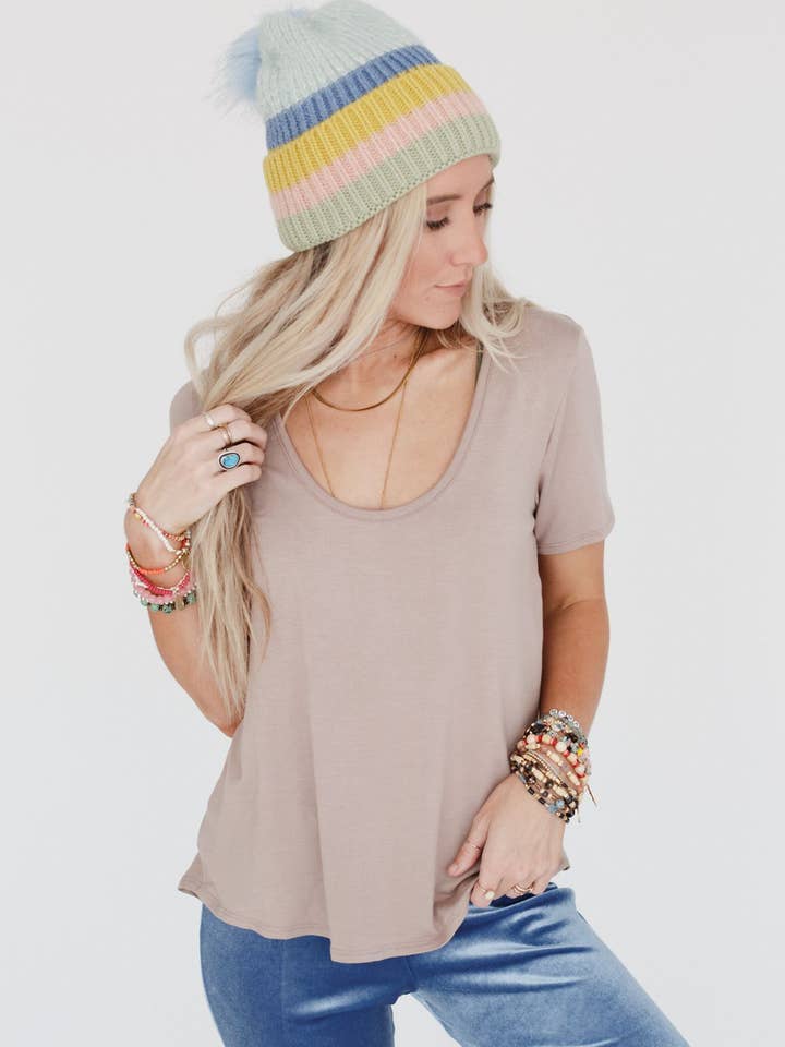 Scoop Neck Bralette Tee - Khaki for wholesale by Three Bird Nest