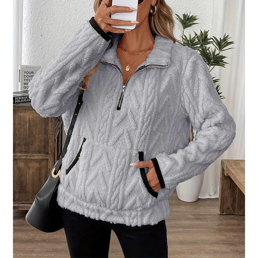 UNISHE - Wholesale Sweatshirt - Women's - Collared Jacquard Half-Zip Fleece Pocket Sweatshirt ZK372016