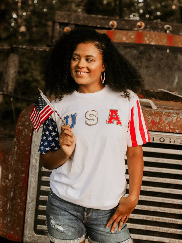 USA Stars Stripes Glitter Chenille for wholesale by The White Stitch