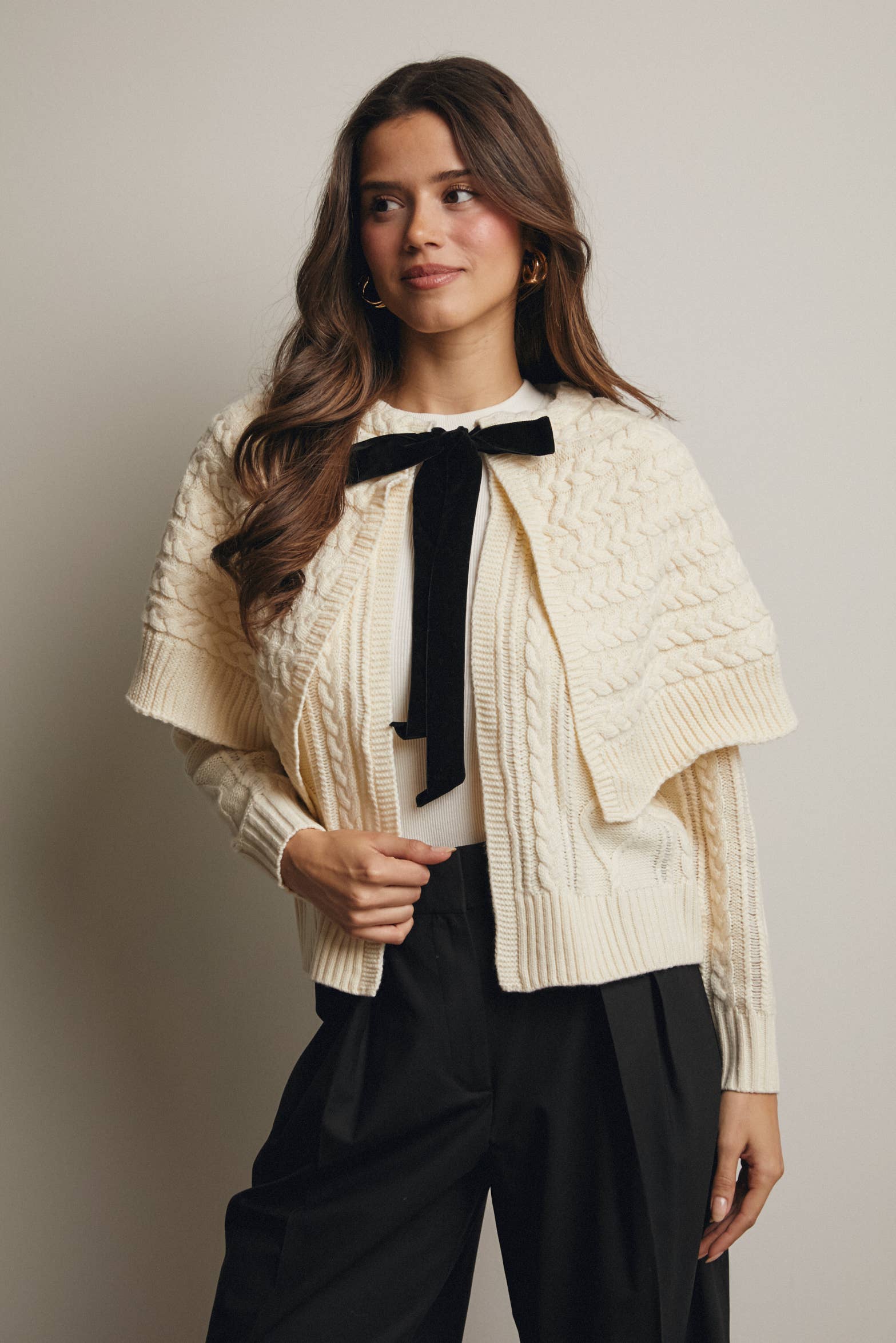 Forte – wholesale Cardigan – Women’s – Cable Knit Capelet Cardigan with Velvet Bow FSW0017 24