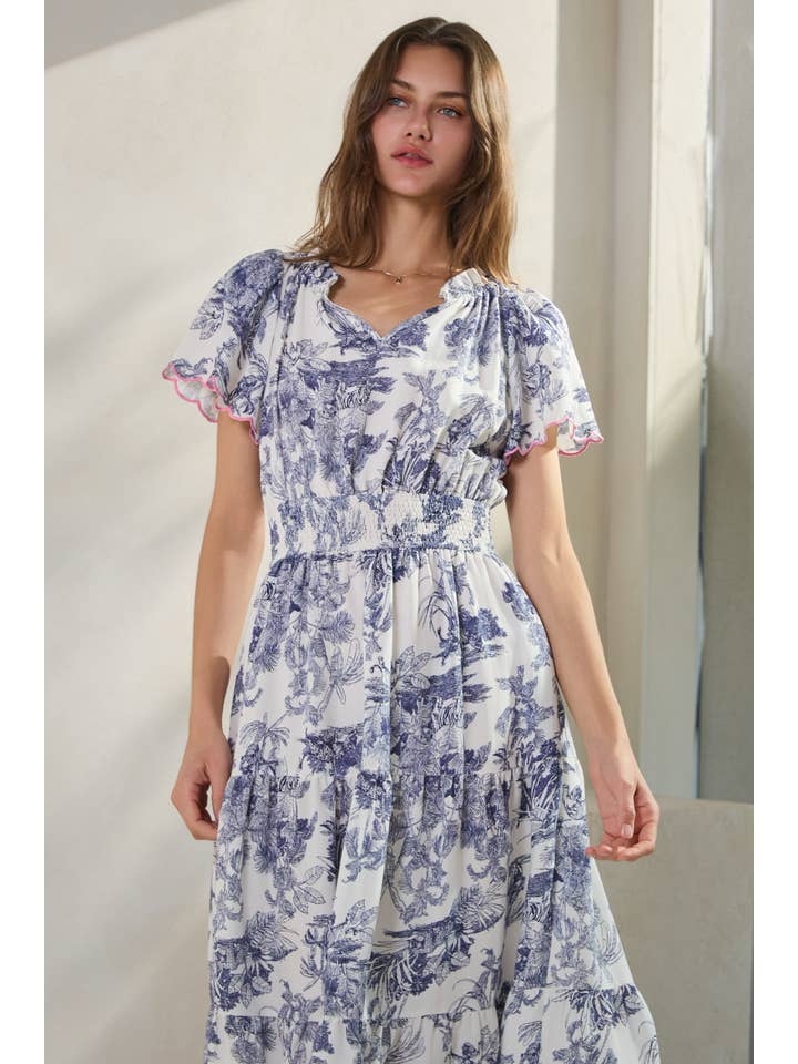 Blue Multi Plus Toi De Paris Printed Tired Midi Dress for wholesale on Faire