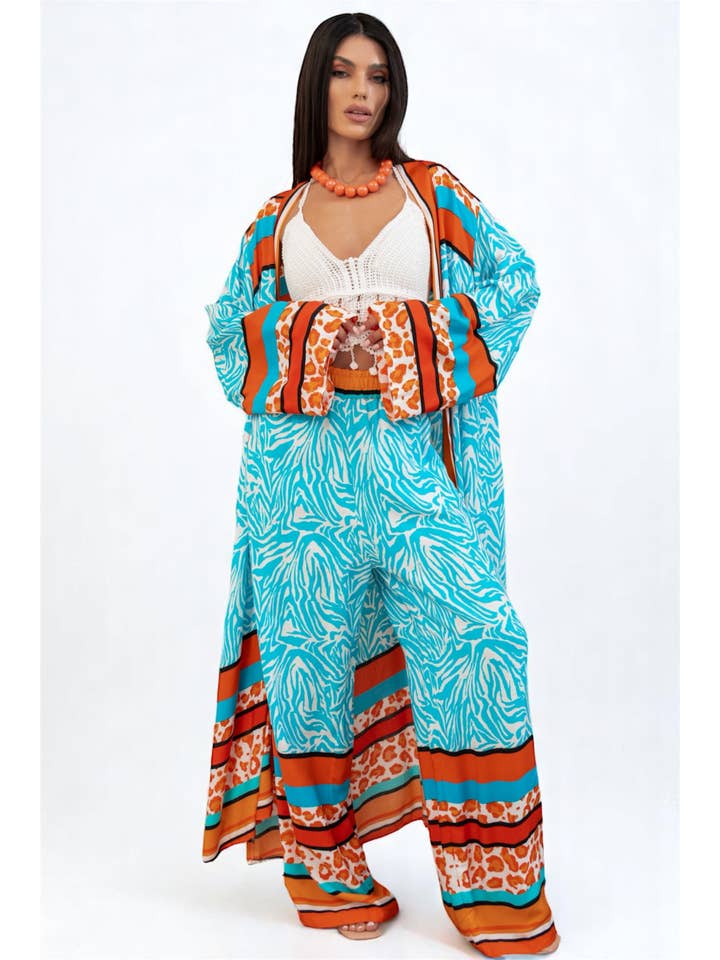 FAME GREECE - Wholesale Top & Pant Set (NOT Loungewear) - Women's - F-394 Turquoise Leo Set