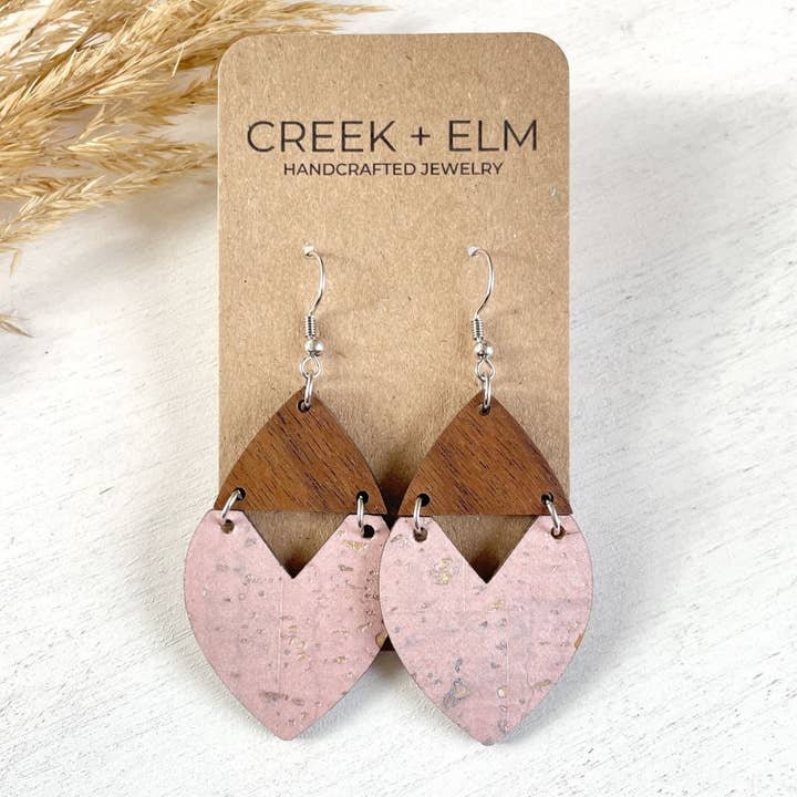 Scarlett Cork + Wood Heart Earrings- Blush Pink for wholesale by Creek and Elm