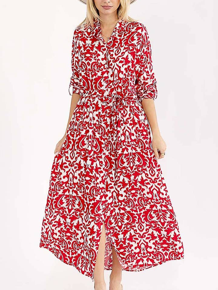 ROUSSEAU - Wholesale Dress – Women's - LONG SLEEVE BUTTON UP SELF TIE MULTI PRINT DRESS15