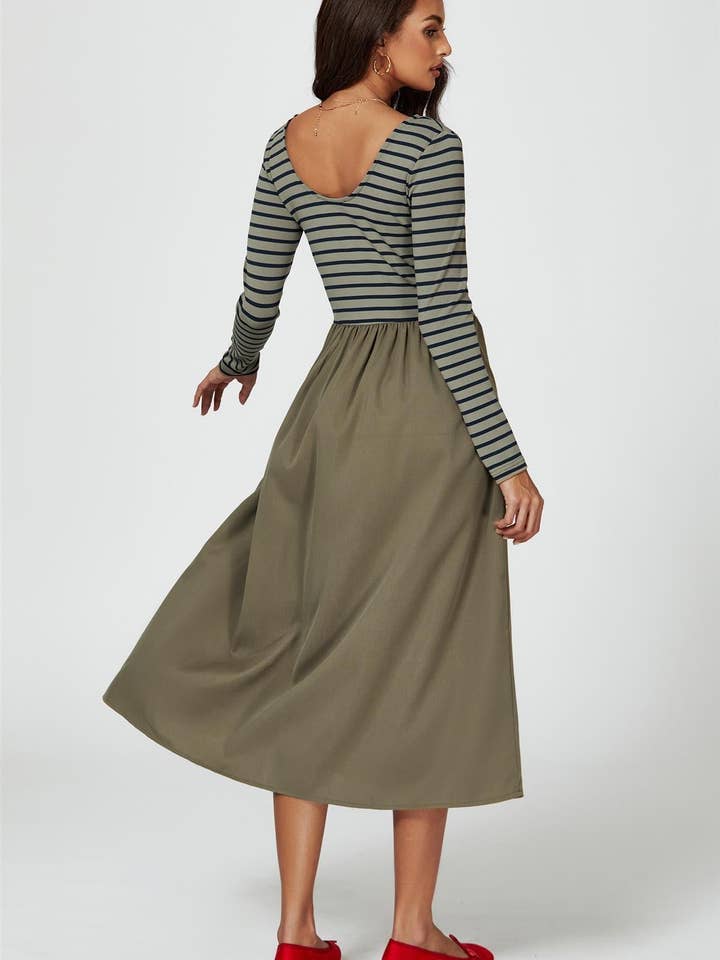 Long Sleeve Stripe Midi Dress In Olive for wholesale on Faire4