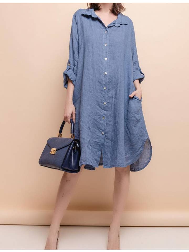 la maison des fibres naturelles - Wholesale Dress - Women's - Mid-length buttoned shirt dress 100% linen 693190