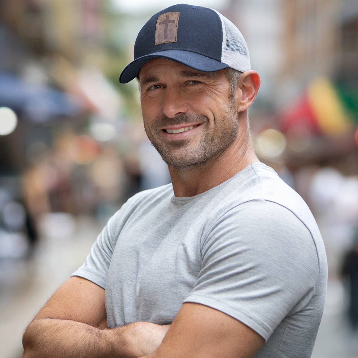 Blue White Kerusso Mens Cap Leather Cross for wholesale on Faire5